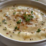 A bowl of creamy roasted garlic potato soup with a swirl of cream and fresh herbs