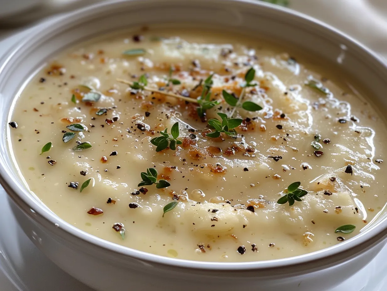 A bowl of creamy roasted garlic potato soup with a swirl of cream and fresh herbs