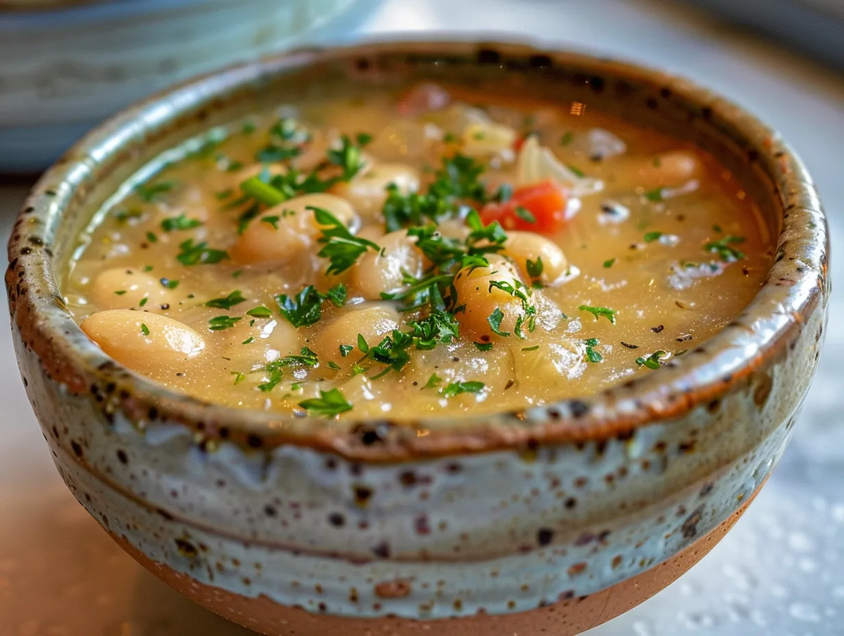 A hearty bowl of white bean soup.