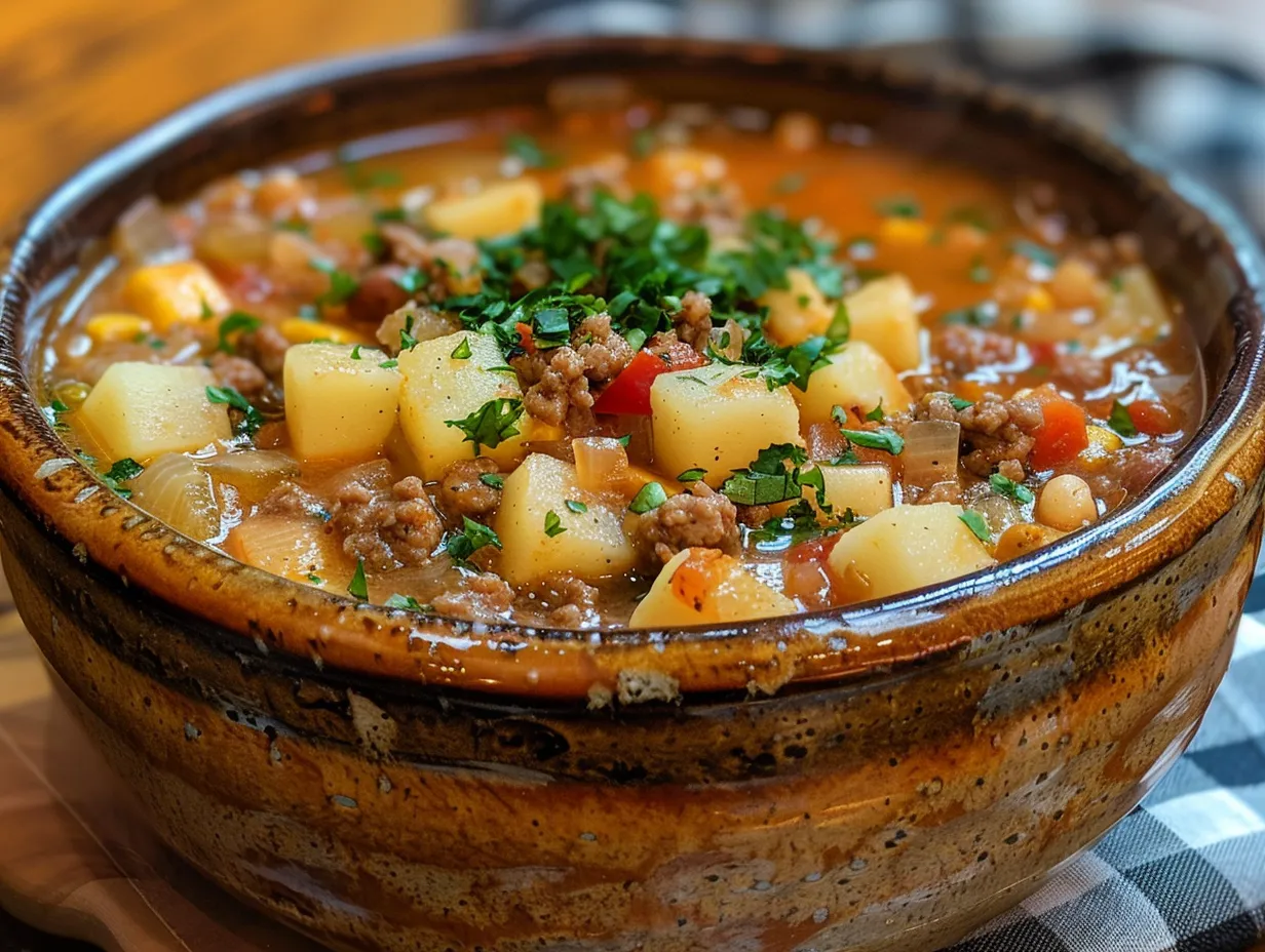 A delicious bowl of loaded hamburger soup ready to be enjoyed.