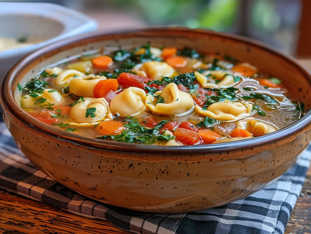 A comforting bowl of Tortellini Vegetable Soup garnished with fresh herbs.