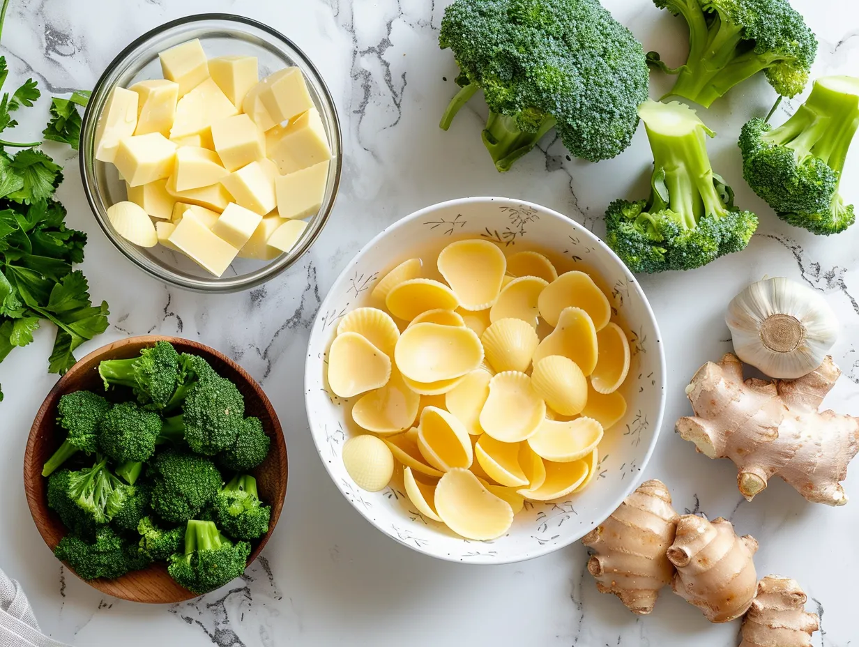 Ingredients for making Broccoli Cheddar Soup with Shells, including broccoli, cheddar cheese, pasta shells, and vegetables.
