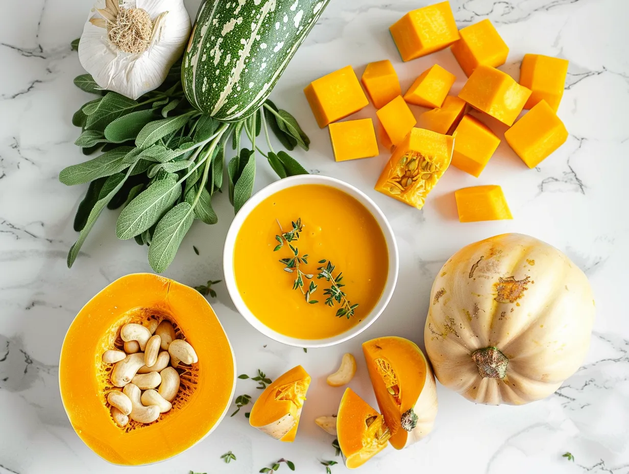 Ingredients for Butternut Squash Soup: butternut squash, onion, garlic, vegetable broth, heavy cream, olive oil, ginger, nutmeg, cinnamon, salt, and pepper.