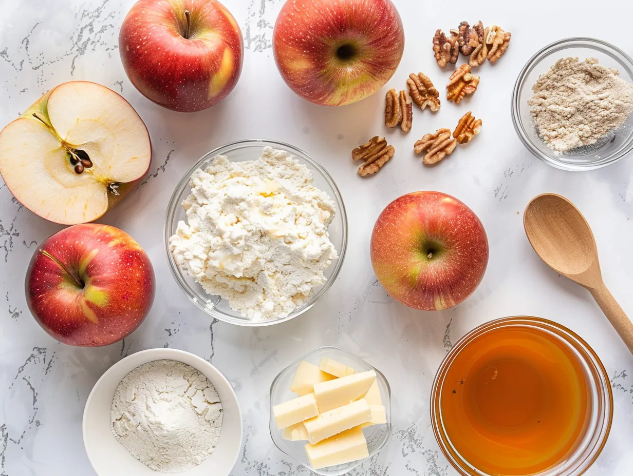 Ingredients for making Caramel Apple Cheesecake Dip, including cream cheese, apples, caramel sauce and spices