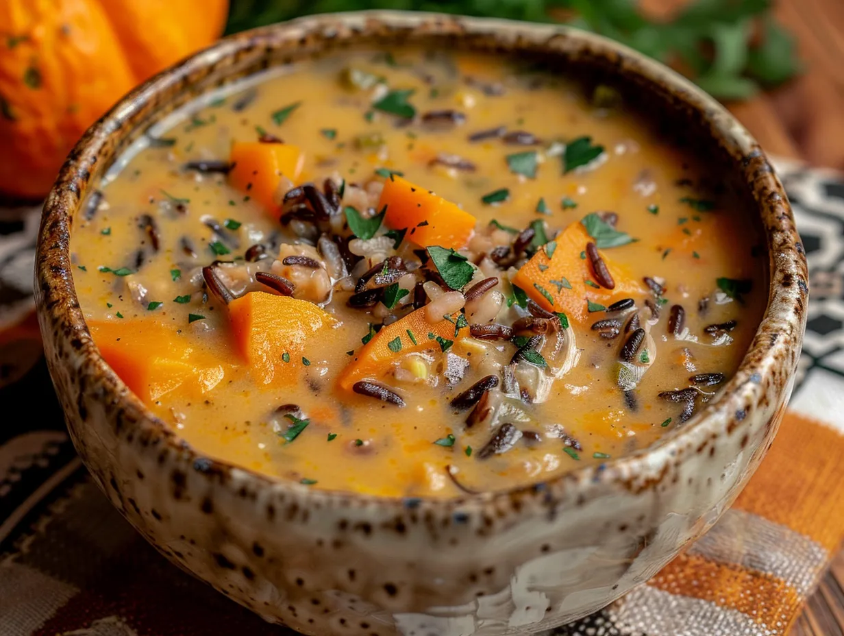 A comforting bowl of pumpkin wild rice soup, garnished with fresh herbs and a swirl of cream, perfect for a cozy autumn evening.