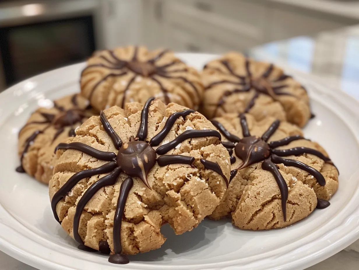 Delicious Peanut Butter Spider Cookies decorated with chocolate frosting, licorice legs, and candy eyes.