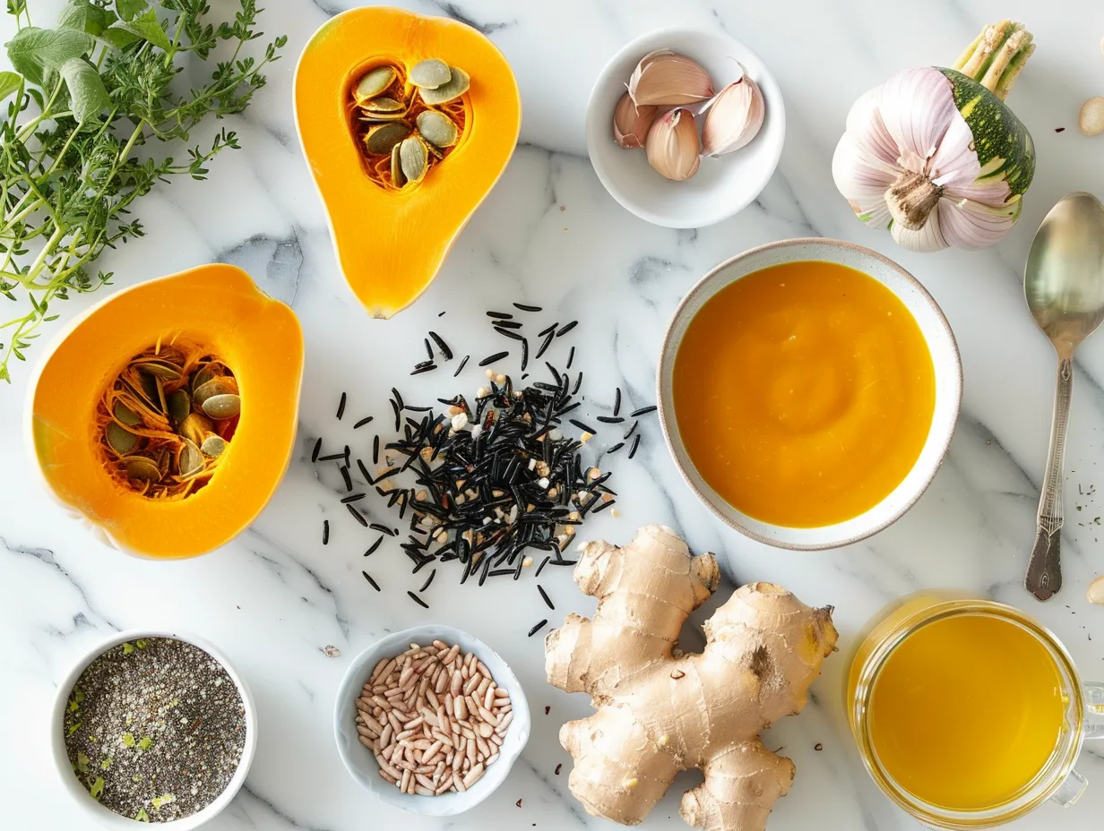 A variety of fresh ingredients laid out for making pumpkin wild rice soup, including pumpkin puree, wild rice, vegetables, and spices.