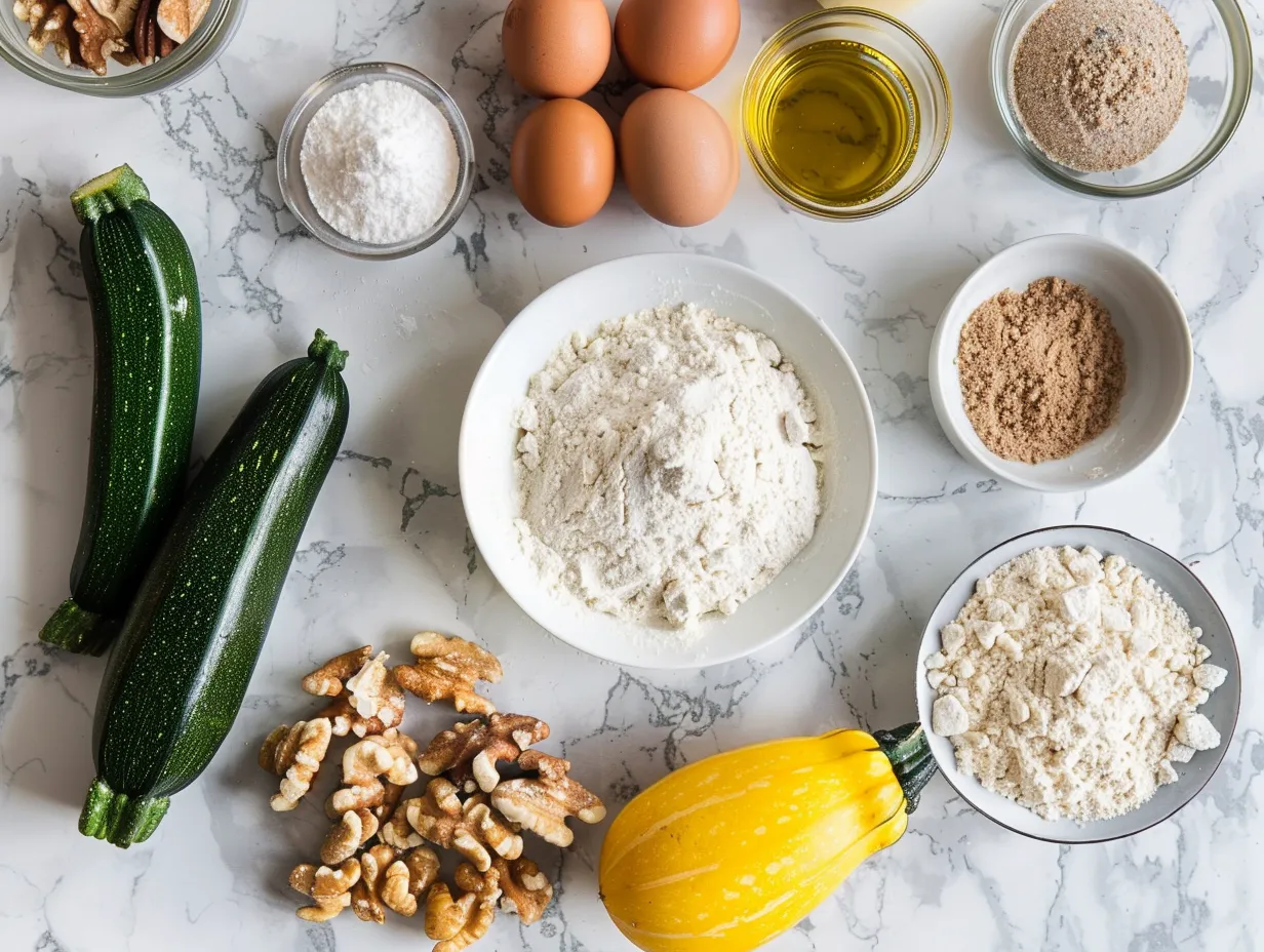 Ingredients for making pumpkin zucchini bread including flour, sugars, spices, pumpkin puree, zucchini, and nuts.