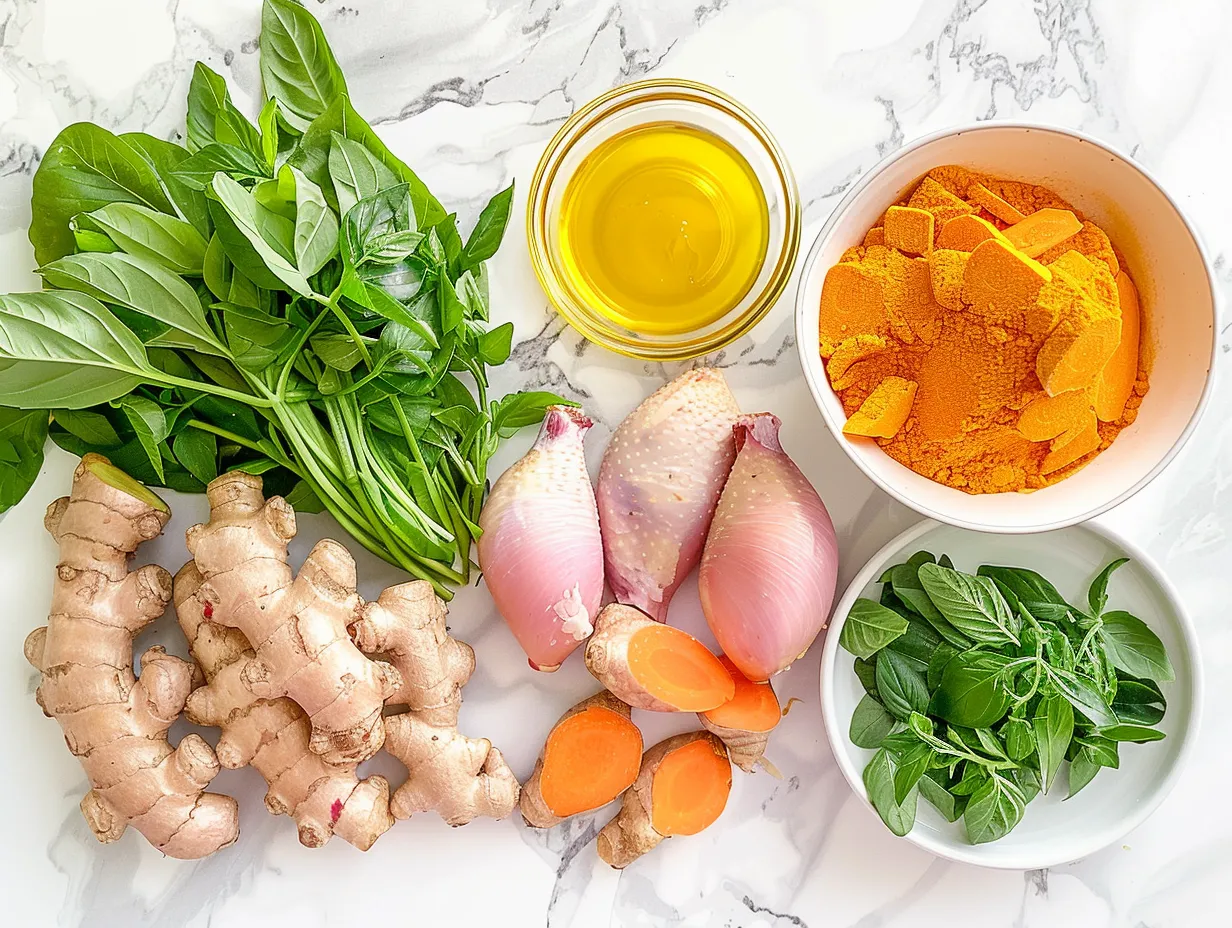 Fresh ingredients including chicken, carrots, celery, turmeric, and ginger for making turmeric chicken soup