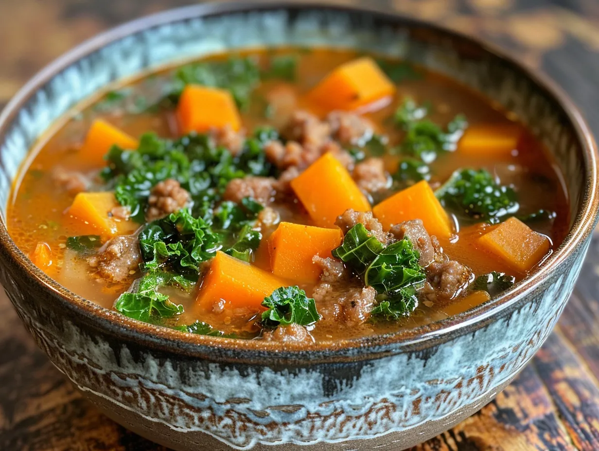 A bowl of hearty and delicious Sausage Sweet Potato Kale Soup.