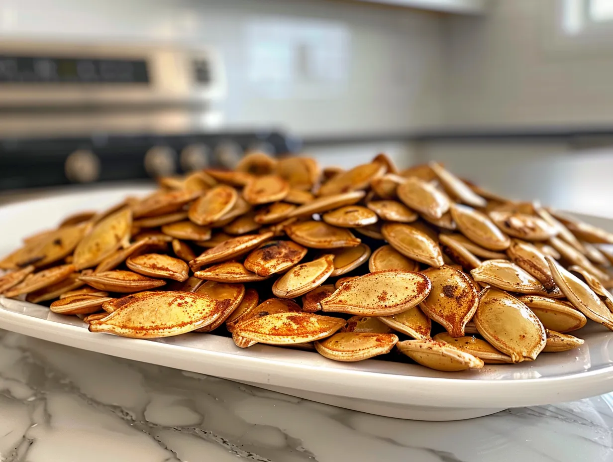 Finished homemade baked pumpkin seeds in a bowl