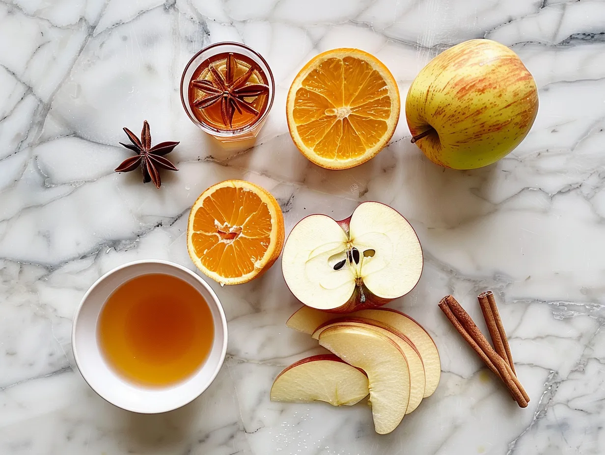 Ingredients for Apple Cider Sangria: white wine, apple cider, apple brandy, apple, orange, pear, cranberries, and cinnamon sticks