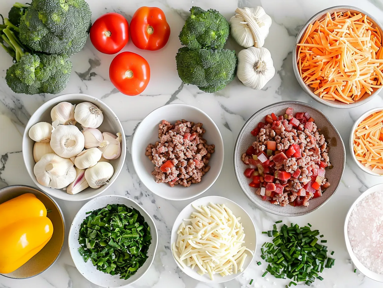 Ingredients for making a delicious bowl of loaded hamburger soup.