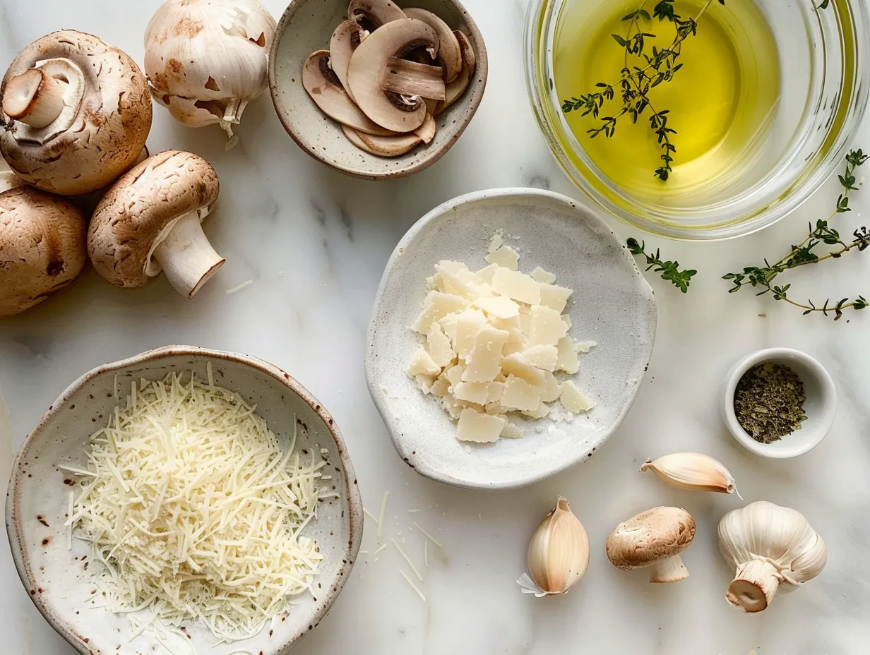 Ingredients needed to prepare a creamy Parmesan Mushroom Chicken Soup on a wooden kitchen counter.