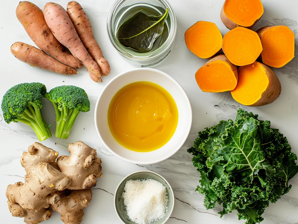 Ingredients for a delicious Sausage Sweet Potato Kale Soup including sausage, sweet potatoes, kale, and spices.