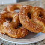 Overhead shot of golden Pumpkin Cinnamon Sugar Soft Pretzels on a wooden board