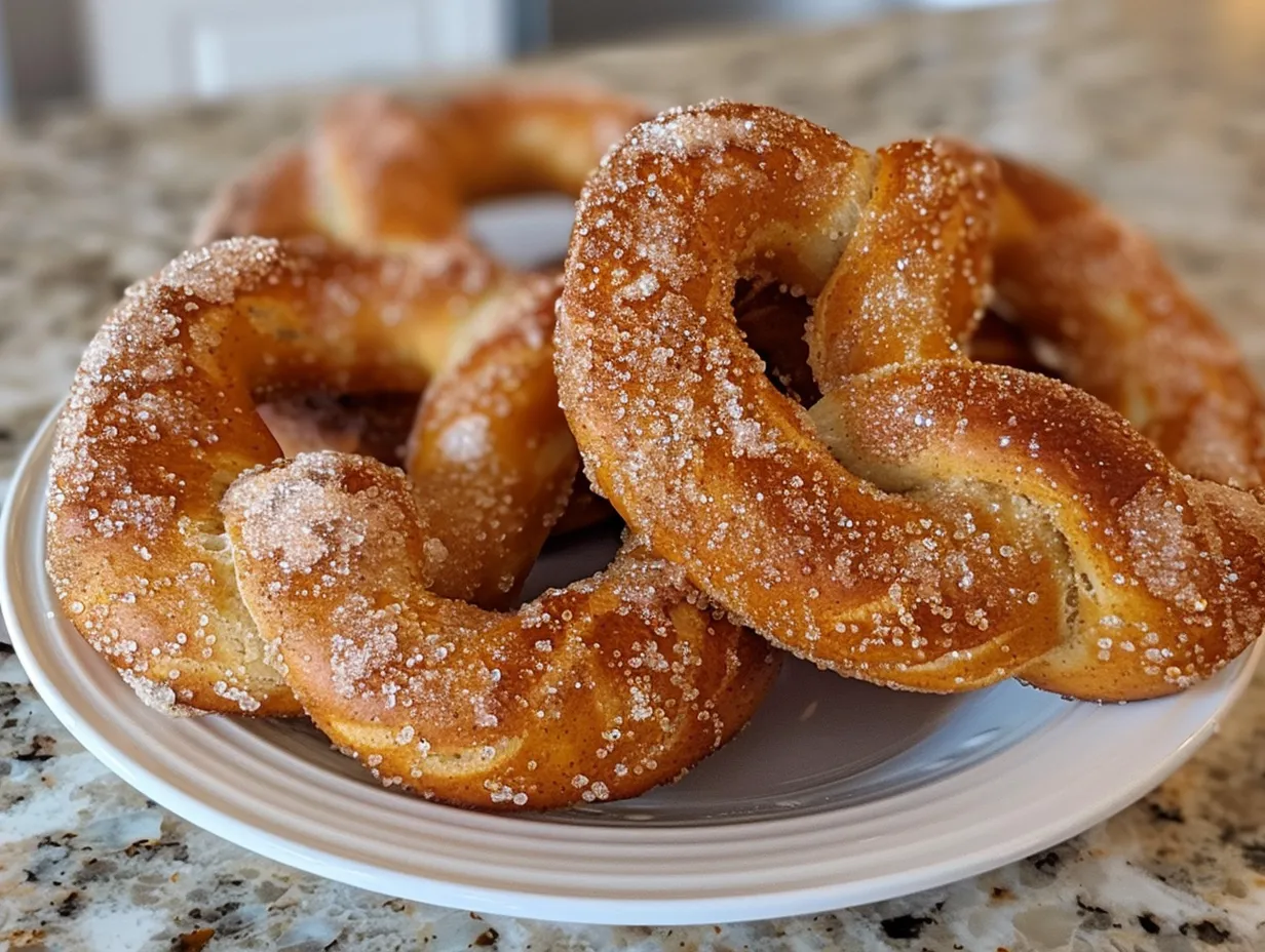 Overhead shot of golden Pumpkin Cinnamon Sugar Soft Pretzels on a wooden board