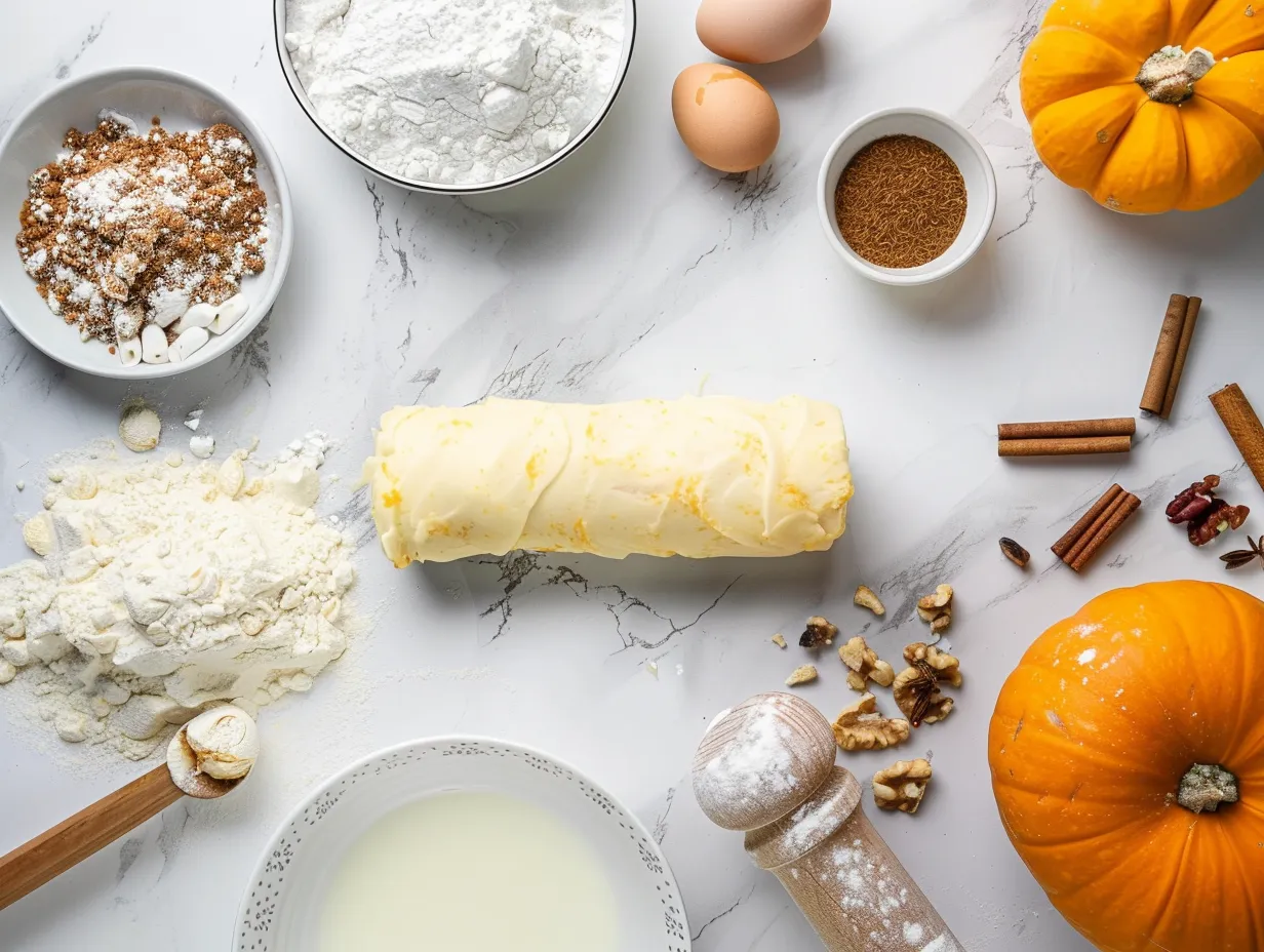 Ingredients for making pumpkin cannoli cake roll