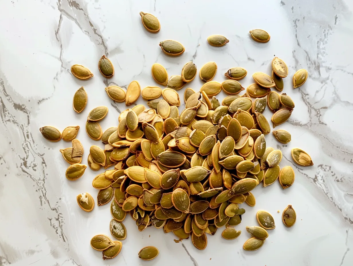 Ingredients for making baked pumpkin seeds including raw pumpkin seeds, olive oil, and spices