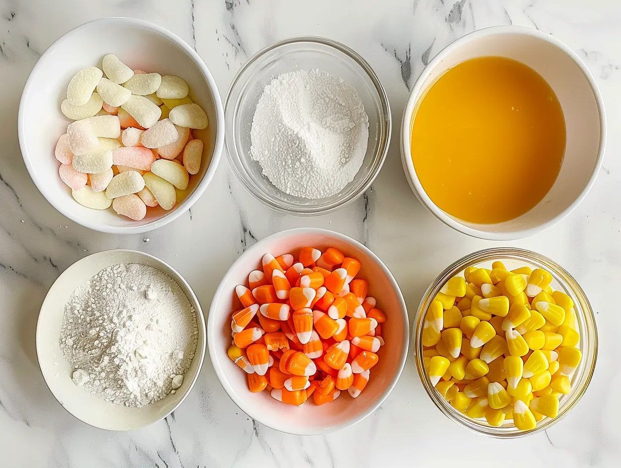 Ingredients for Candy Corn Pretzel Bites including pretzel snaps, white chocolate, candy corn, and sprinkles