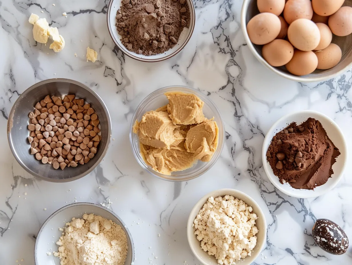 Ingredients for making Peanut Butter Spider Cookies: butter, peanut butter, sugar, brown sugar, eggs, vanilla, flour, baking soda, baking powder, salt, chocolate frosting, licorice strings, and candy eyes.