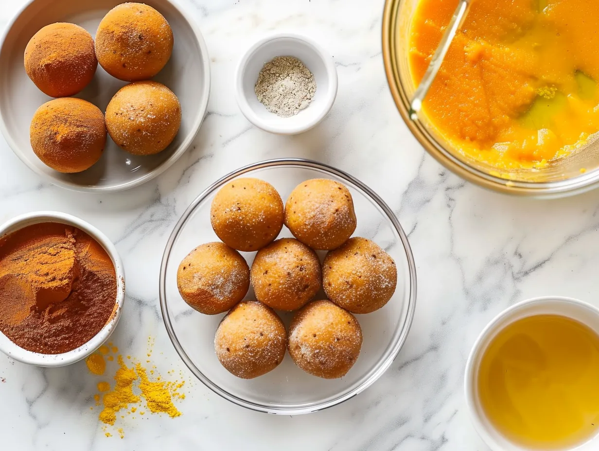 Raw ingredients including cream cheese, pumpkin puree, and spices for making no bake pumpkin cheesecake balls.
