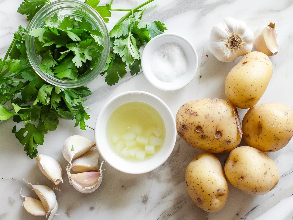 Ingredients for making roasted garlic potato soup, including garlic, potatoes, onion, broth, and spices.