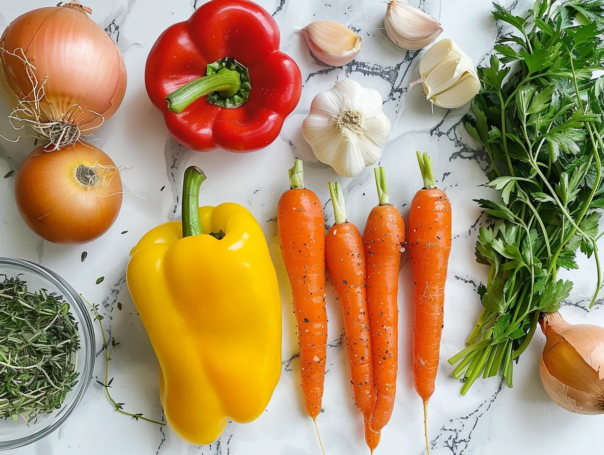 Raw ingredients for homemade roasted vegetable soup laid out on a wooden surface.
