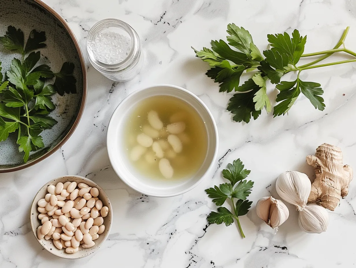 Raw ingredients for making white bean soup including cannellini beans, carrots, celery, garlic, and herbs.