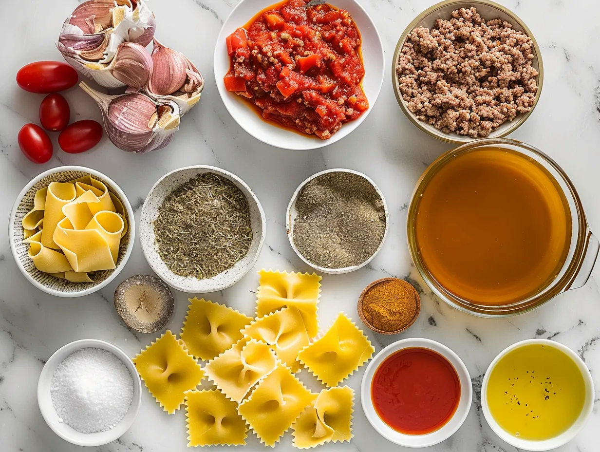 Raw lasagna soup ingredients displayed on a marble surface, showcasing fresh ground beef, chopped vegetables, canned tomatoes, herbs, and lasagna noodles before cooking