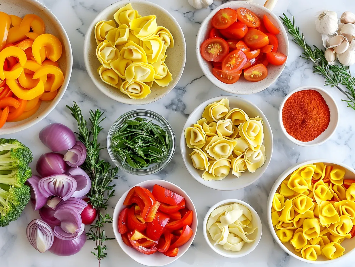 Ingredients for making Tortellini Vegetable Soup, including olive oil, onion, garlic, carrots, celery, vegetable broth, diced tomatoes, Italian seasoning, salt, pepper, cheese tortellini, spinach, and Parmesan cheese.
