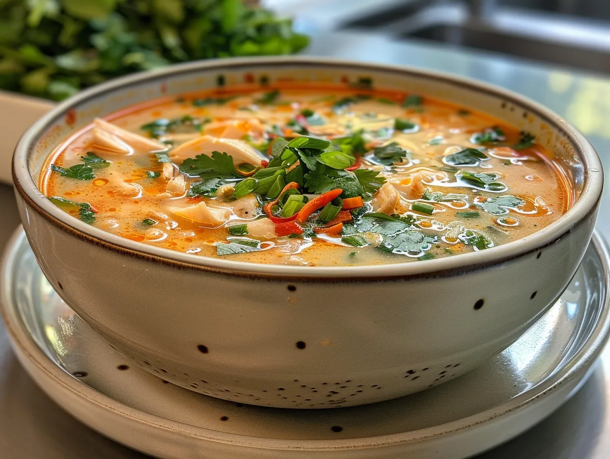 A comforting bowl of steaming Simple Thai Chicken Soup garnished with fresh cilantro and a lime wedge.