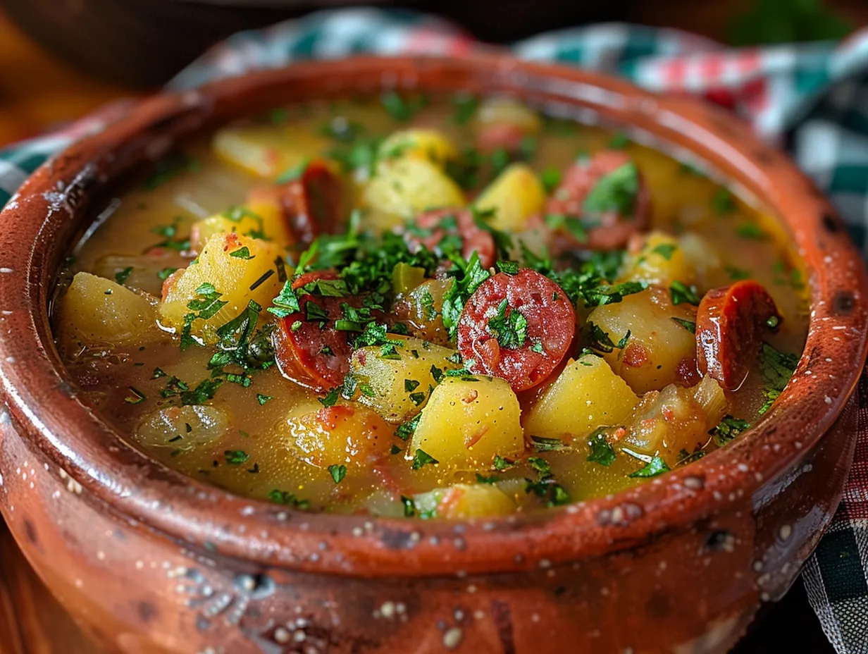 A hearty bowl of Spanish Potato Soup with Chorizo, garnished with fresh parsley.