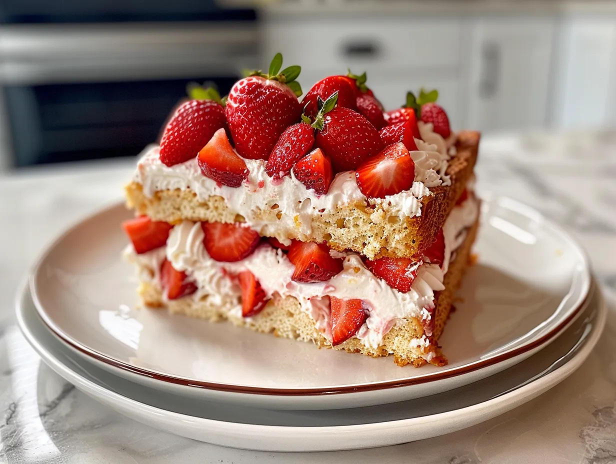 A luscious slice of Strawberry Shortcake Cake with layers of strawberries and cream.