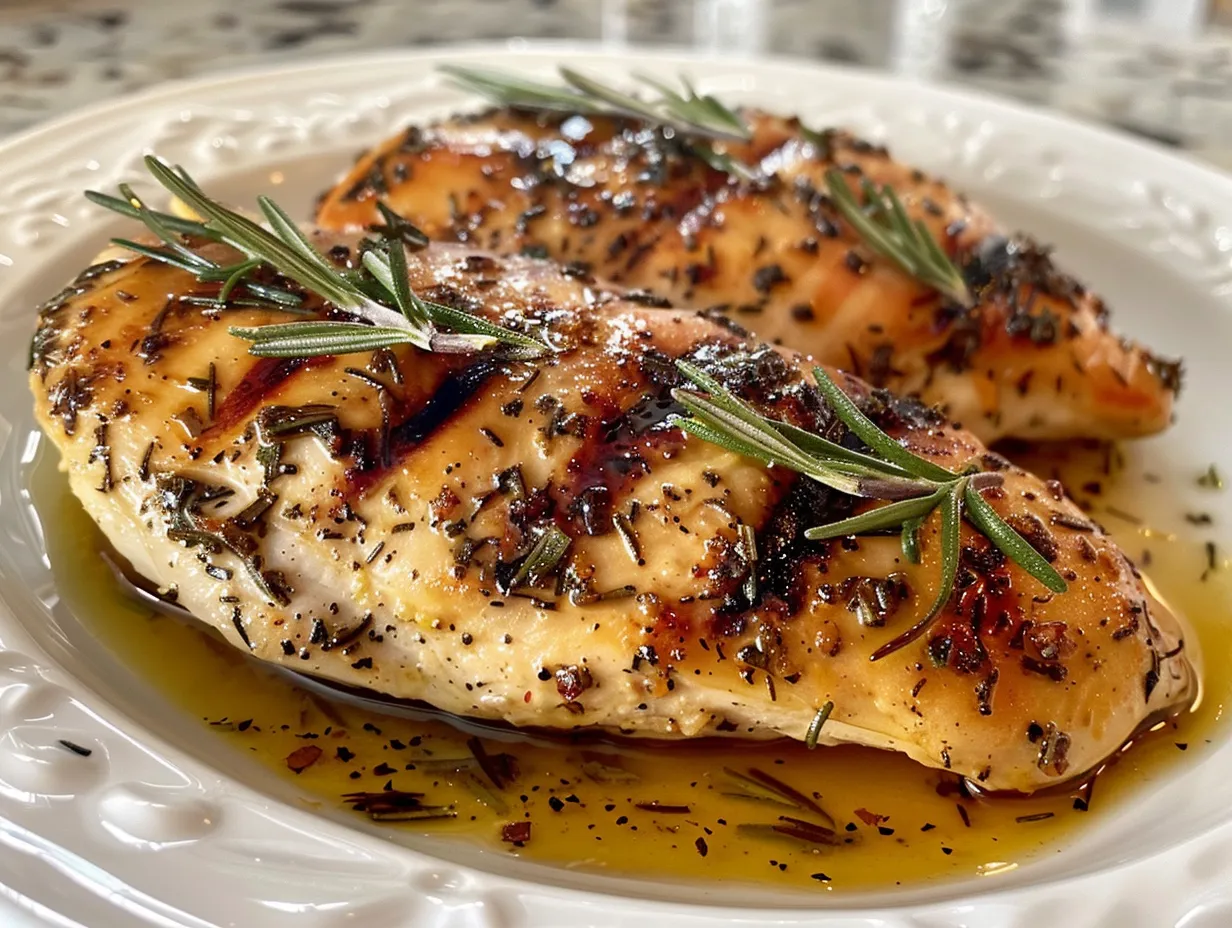 A perfectly seared Rosemary Dijon Chicken breast, showcasing its golden-brown crust and juicy interior.