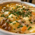 A steaming bowl of Cheesy Hamburger Potato Soup, garnished with fresh chives