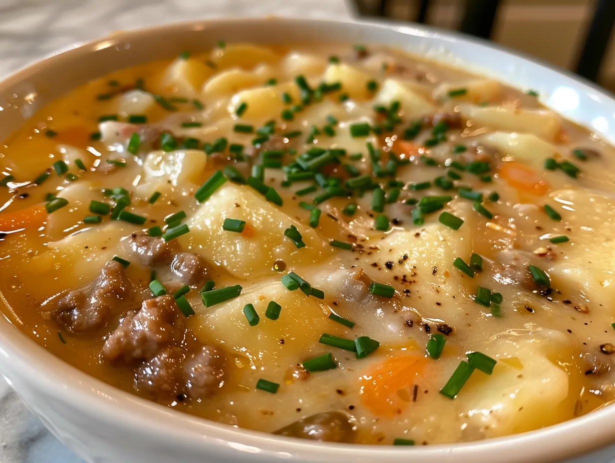 A steaming bowl of homemade cheesy hamburger potato soup garnished with fresh chives