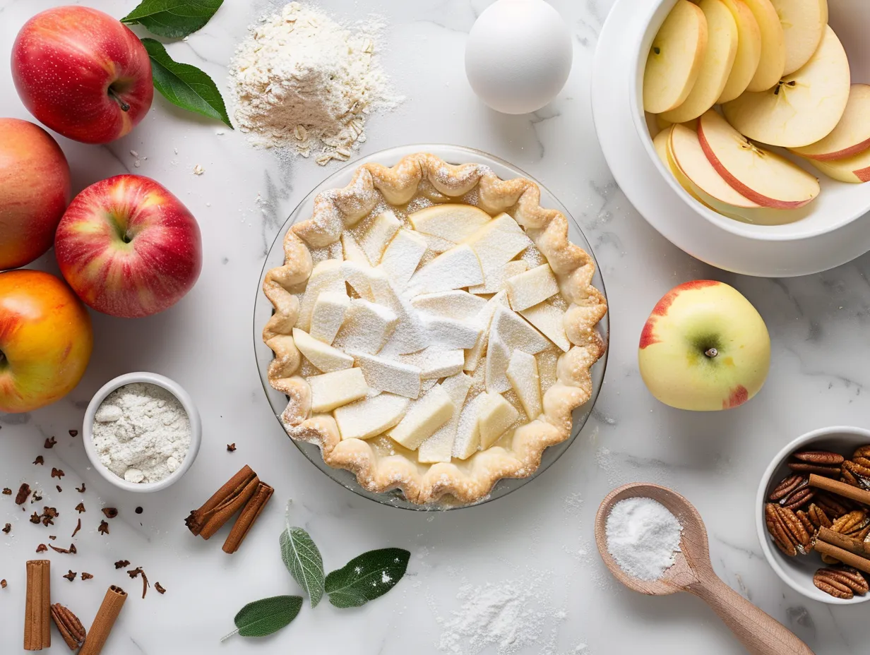 Ingredients for making apple slab pie including apples, sugar, cinnamon, nutmeg, pie crust, butter, and egg