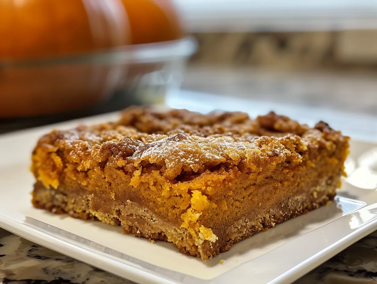 An autumnal display of a baked pumpkin dump cake, sliced and ready to be served.