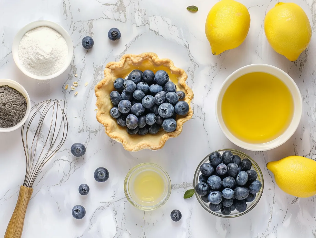 Ingredients for making blueberry pie including flour, blueberries, butter, sugar, and eggs