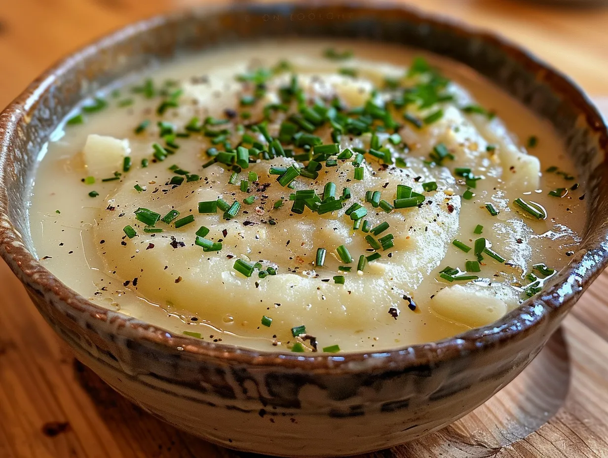 Bowl of comforting potato soup with toppings