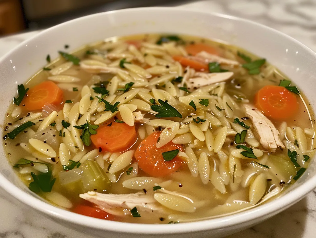Bowl of Lemon Chicken Orzo Soup
