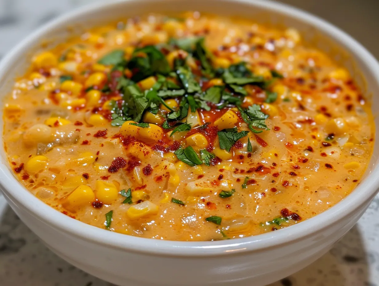 Bowl of Mexican Street Corn Soup with toppings