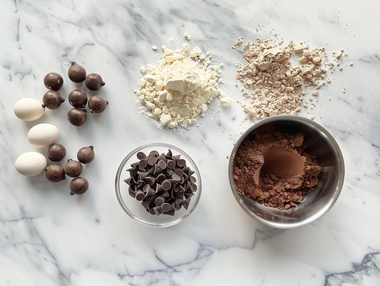 Browkies ingredients: butter, sugar, flour, cocoa powder, eggs, and chocolate chips on a marble countertop