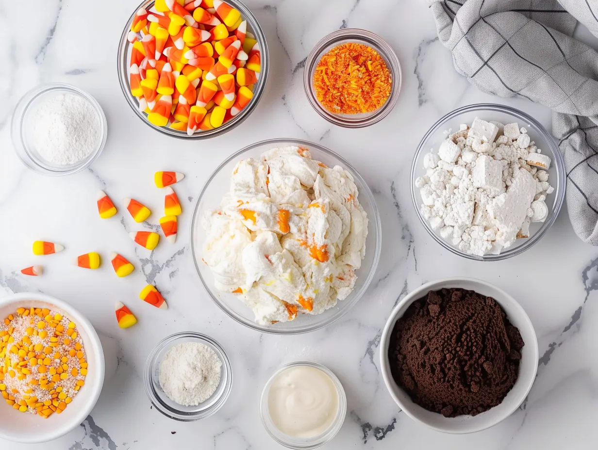 Ingredients for making a Candy Corn Poke Cake including cake mix, sweetened condensed milk, caramel topping, whipped topping, food coloring, and candy corn.
