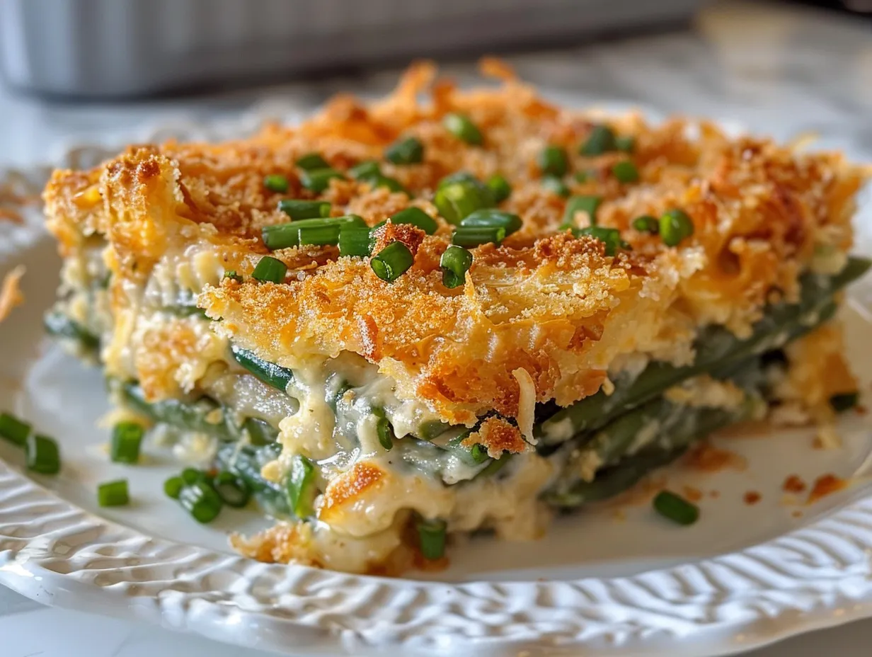 Cheesy Green Bean Casserole on a Serving Plate