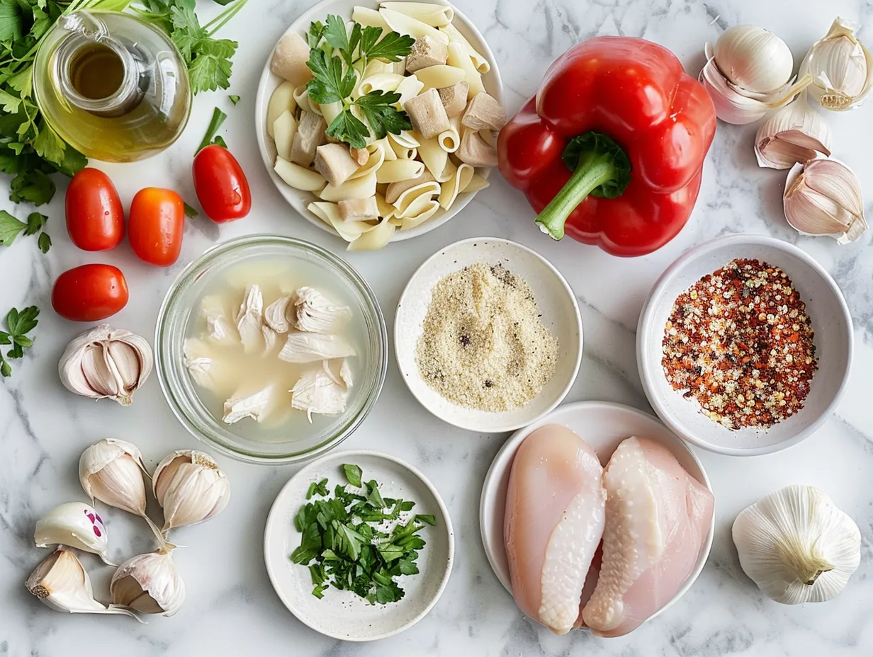 Ingredients for Chicken Alfredo Soup including chicken, pasta, parmesan, spices, and cream cheese.