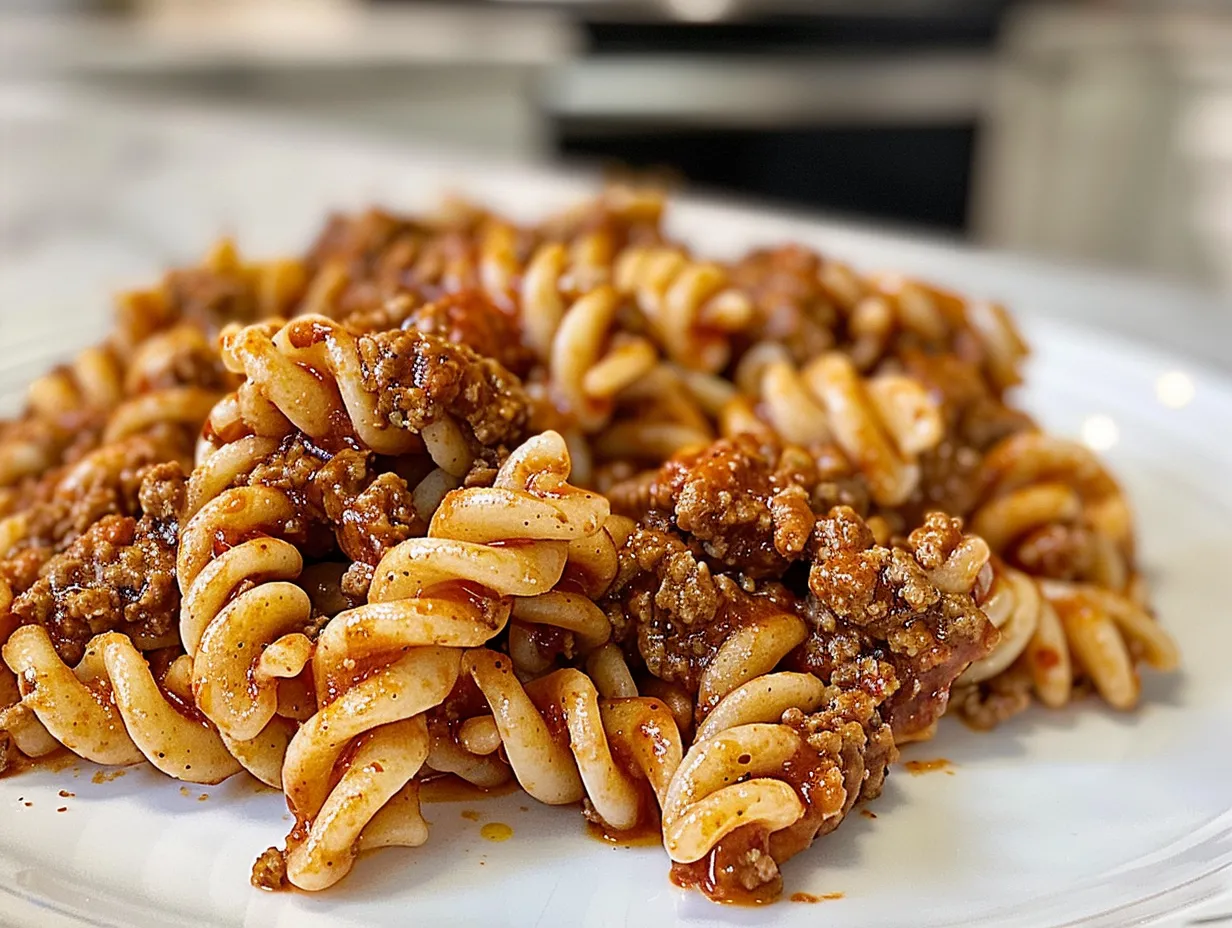 Classic Ground Beef Pasta served in a white bowl.