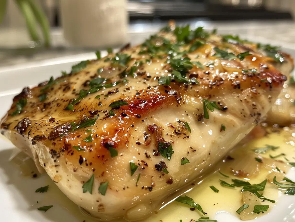 A close-up of perfectly baked Sour Cream and Onion Chicken with a golden brown and bubbly topping.