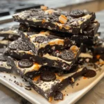 Close-up of festive Halloween Oreo Bark
